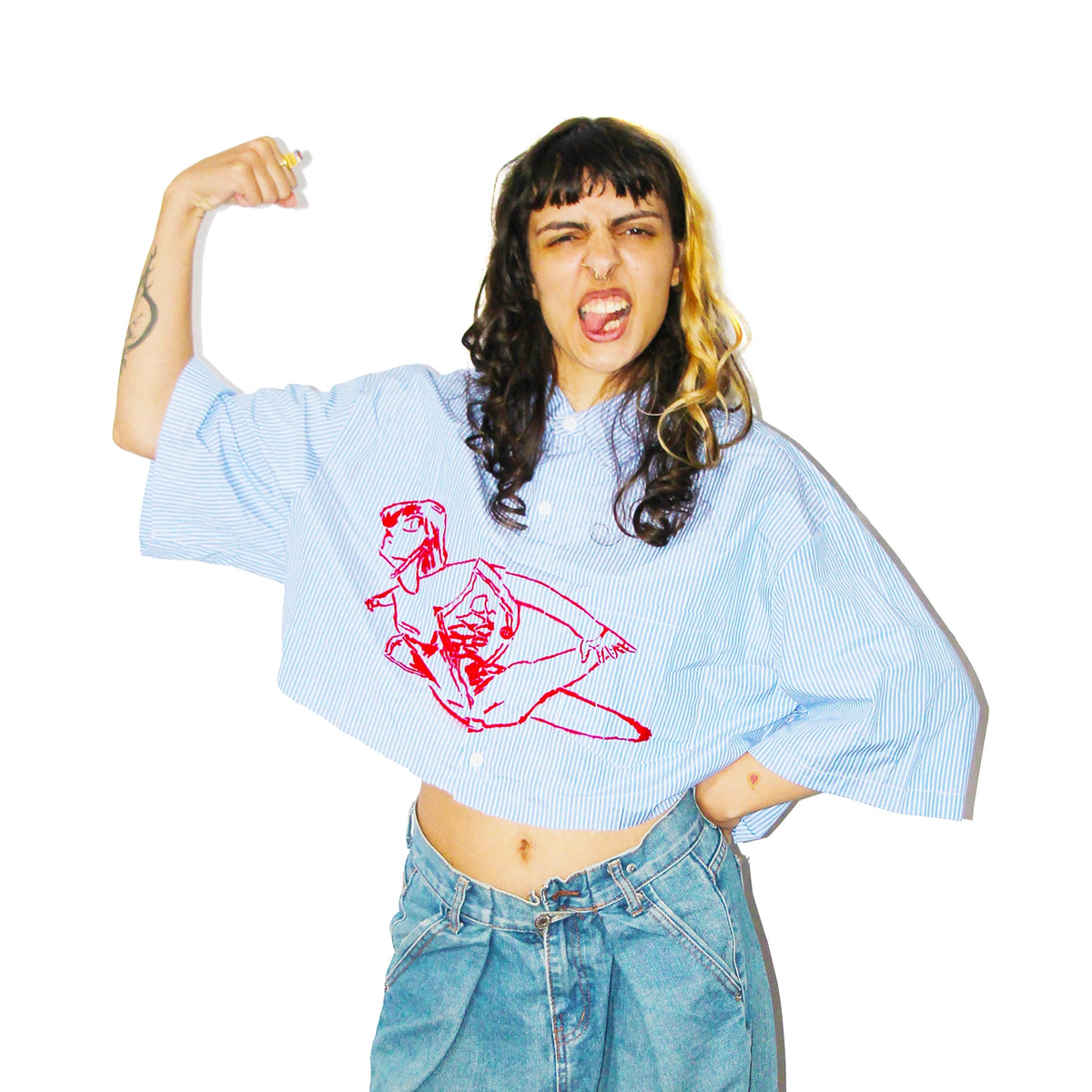 EVA SKYFALL CROP STRIPE BOXY SHIRT BLUE