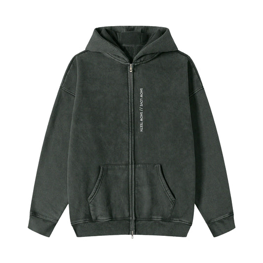 ZIP-THROUGH FLEECE HOODIE STONE WASHED - PEARL
