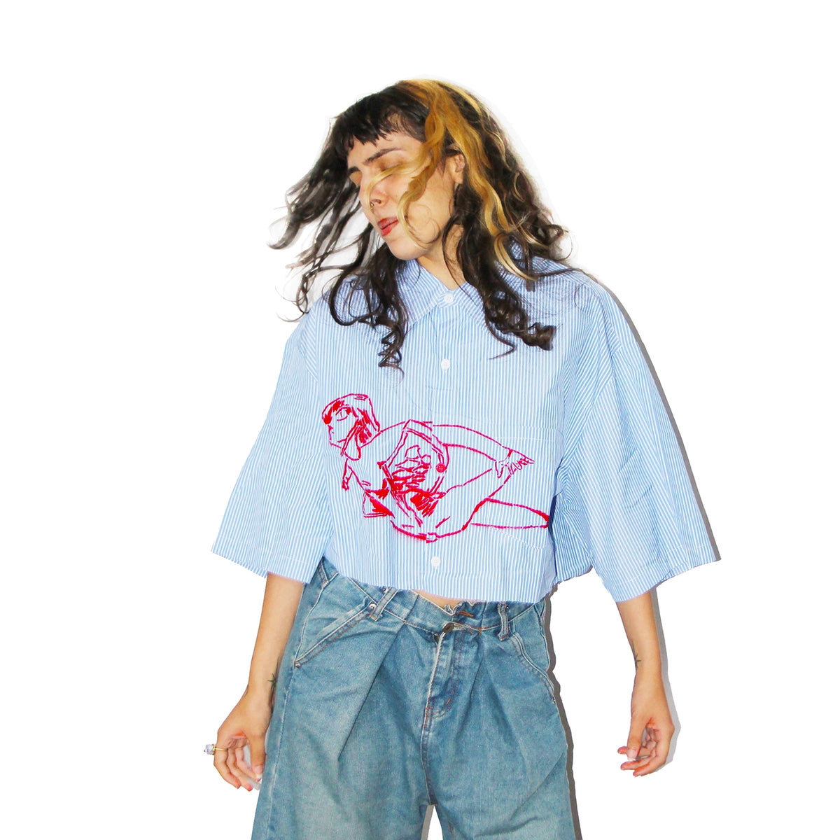EVA SKYFALL CROP STRIPE BOXY SHIRT BLUE